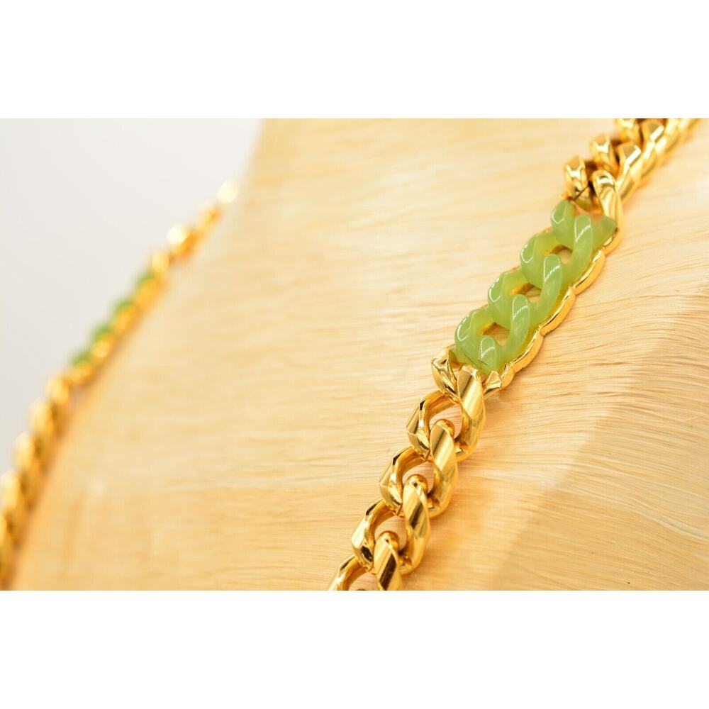 Givenchy Vintage Cuban Chain Necklace Gold Green Cabochon Heavy Signed 70s BinL - Picture 9 of 12
